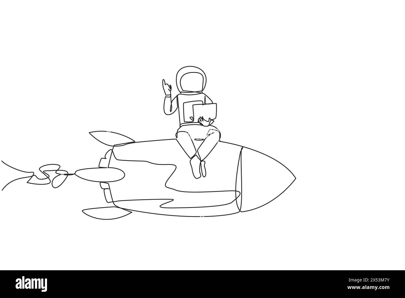 Single continuous line drawing young energetic astronaut sitting on ...