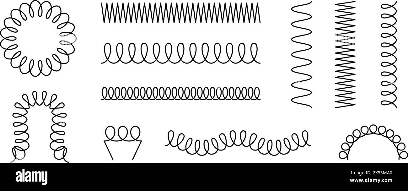 Set of spiral springs. Black metal wire coil collection. Thin spirals, zigzag lines, wire waves, flexible coils element pack for graphic design templates, decor. Vector illustration bundle Stock Vector