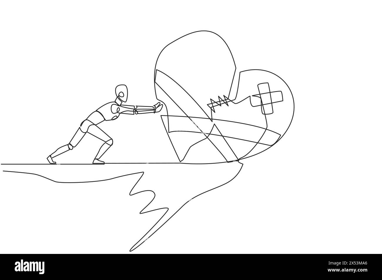 Single continuous line drawing robot pushes the symbol of giant broken