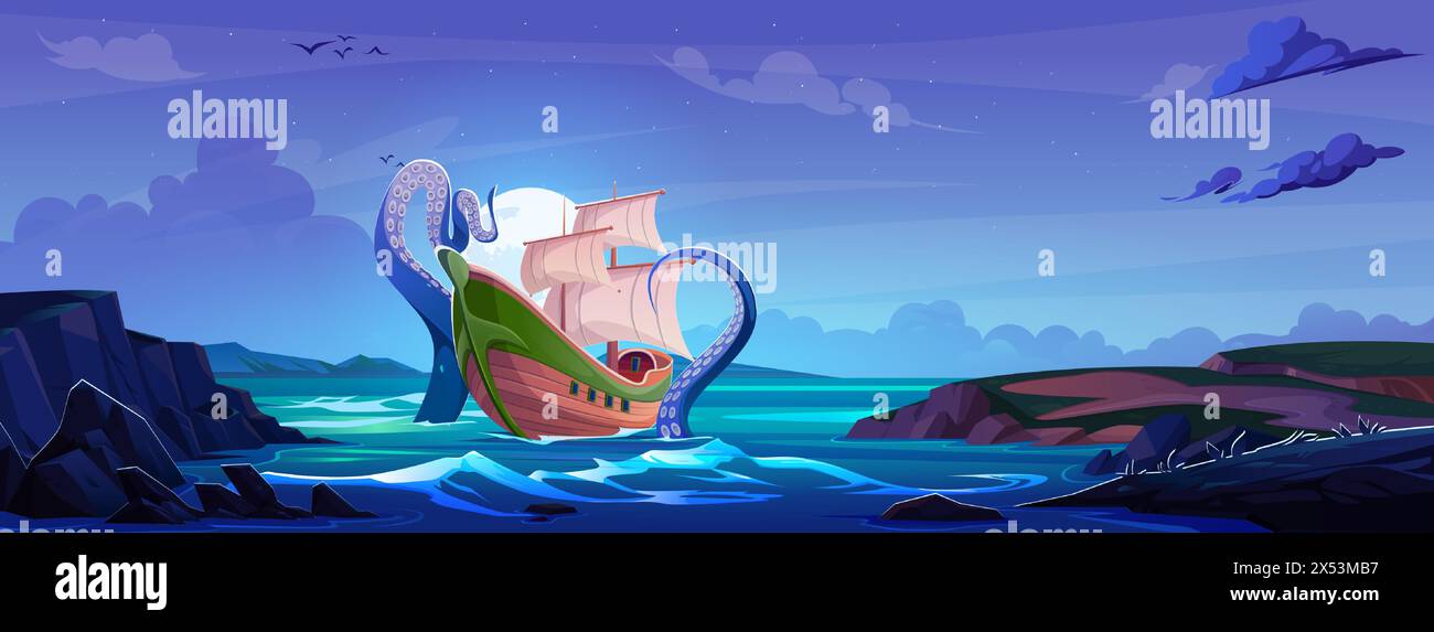 Sail boat in sea with fantasy kraken tentacles at night. Monster octopus crashing ship in ocean. Cartoon midnight dusk vector illustration of big myth underwater creature attacking sailboat. Stock Vector