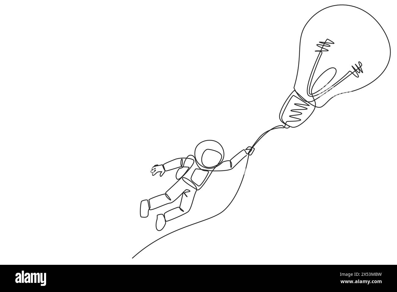 Single continuous line drawing astronaut holding on to a flying lightbulb. Expeditions that depend on the best ideas and innovations. Cosmic galaxy de Stock Vector