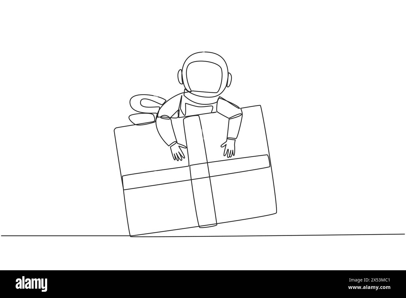 Single continuous line drawing astronaut hugging gift box. Gift box with ribbon has been prepared by the expedition crew. Ready to give to team on ear Stock Vector
