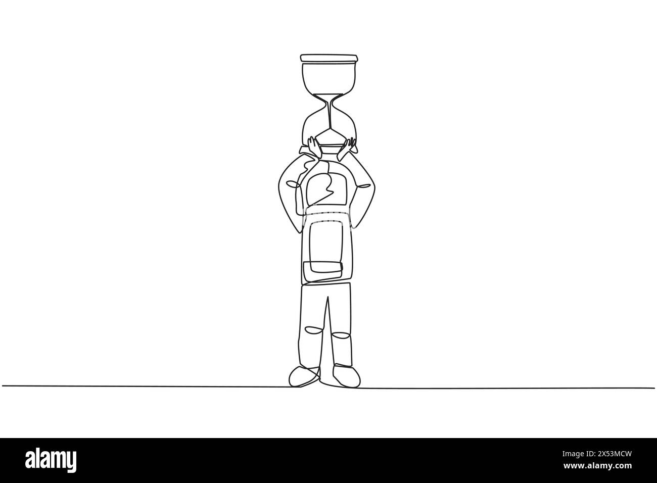 Single continuous line drawing young energetic astronaut lift up big