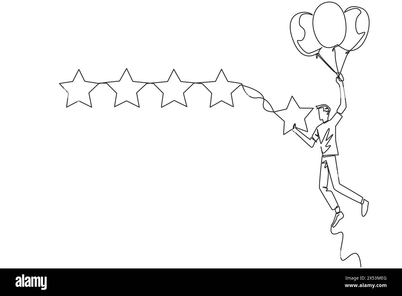Single one line drawing young happy man flying in a balloon carries 1 star and wants to align it with the other 4 stars. Trying to give a perfect rati Stock Vector