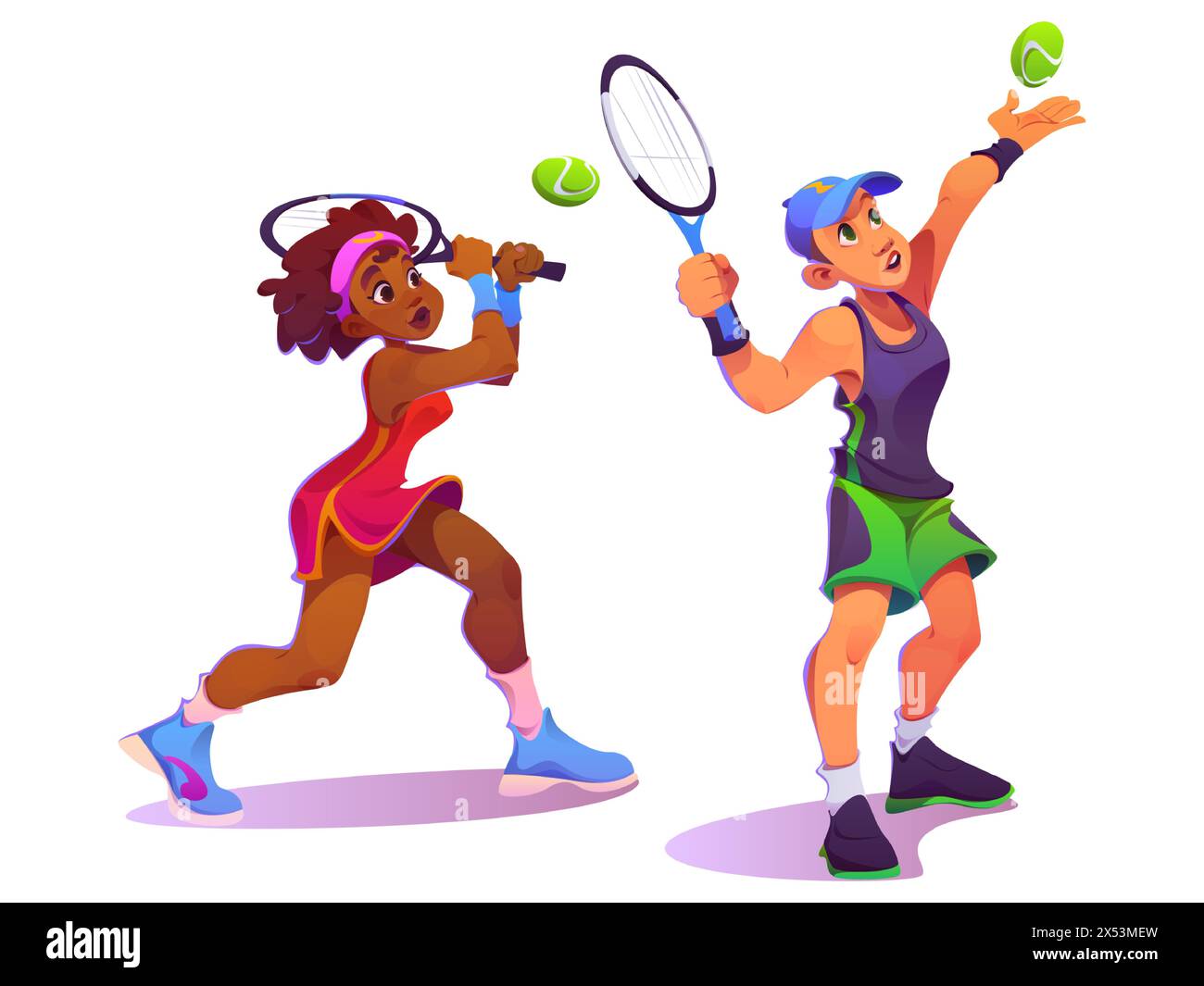 Tennis players set isolated on white background. Vector cartoon illustration of african young woman running with racket in hand, active man serving ball, sports competition athletes, healthy lifestyle Stock Vector
