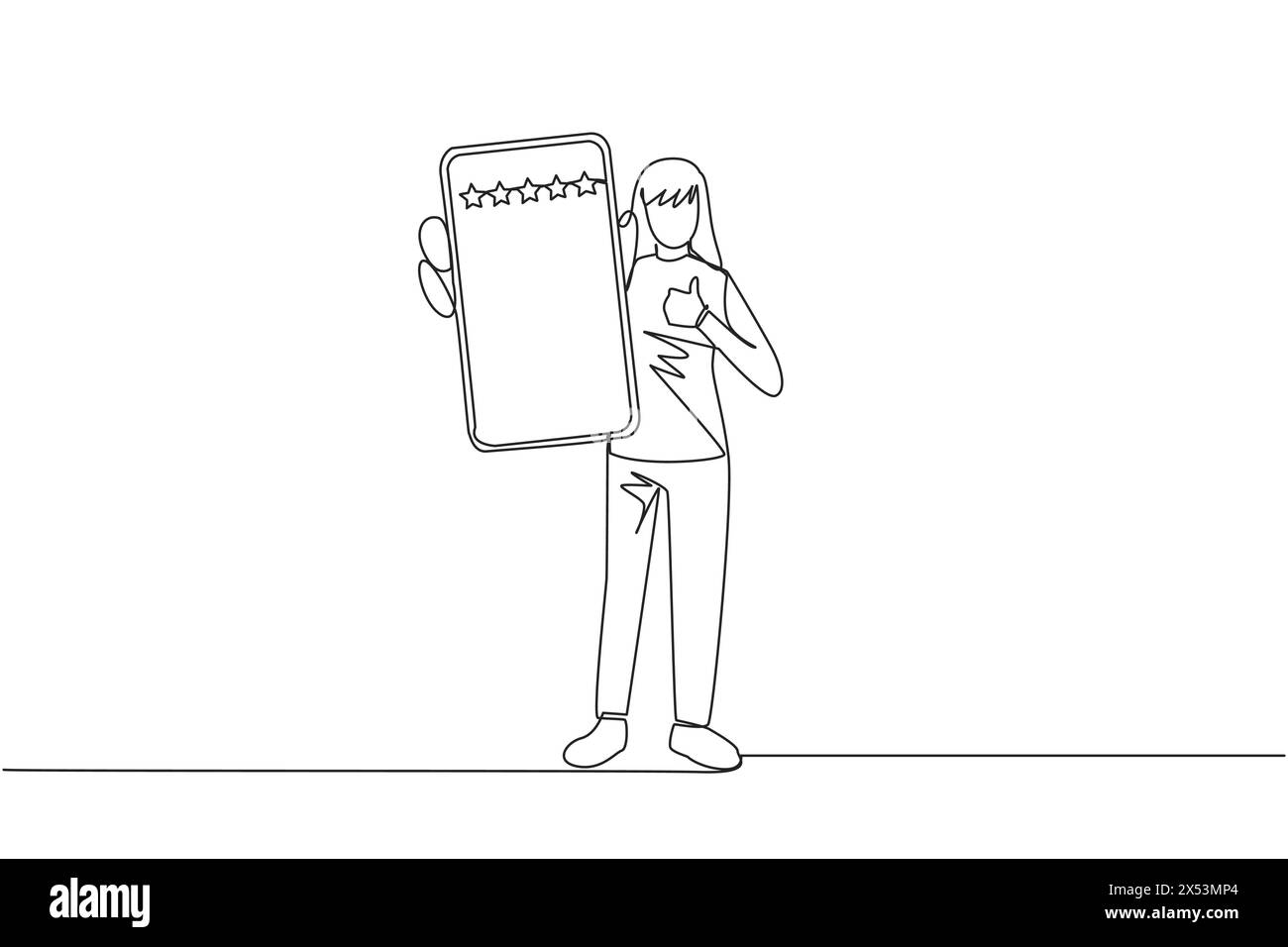 Single continuous line drawing woman standing holding smartphone and ...