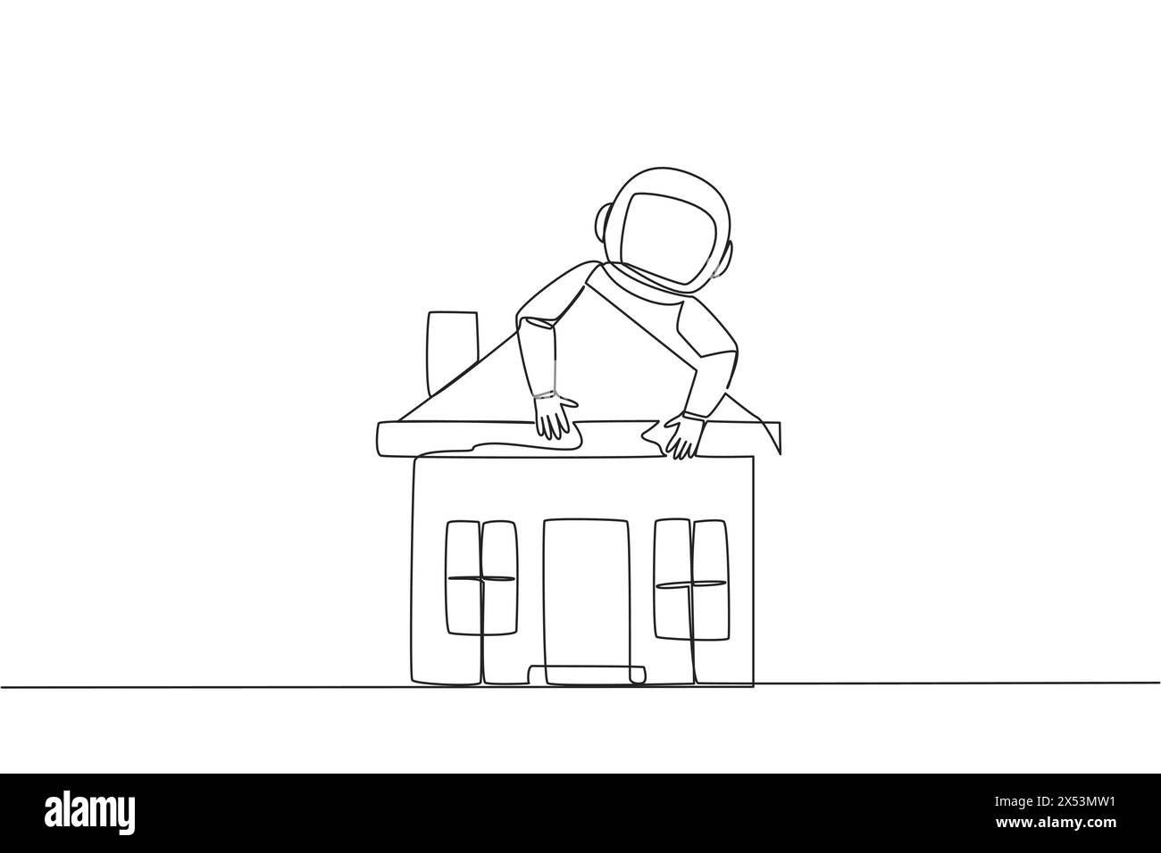Continuous one line drawing young energetic hugging miniature house
