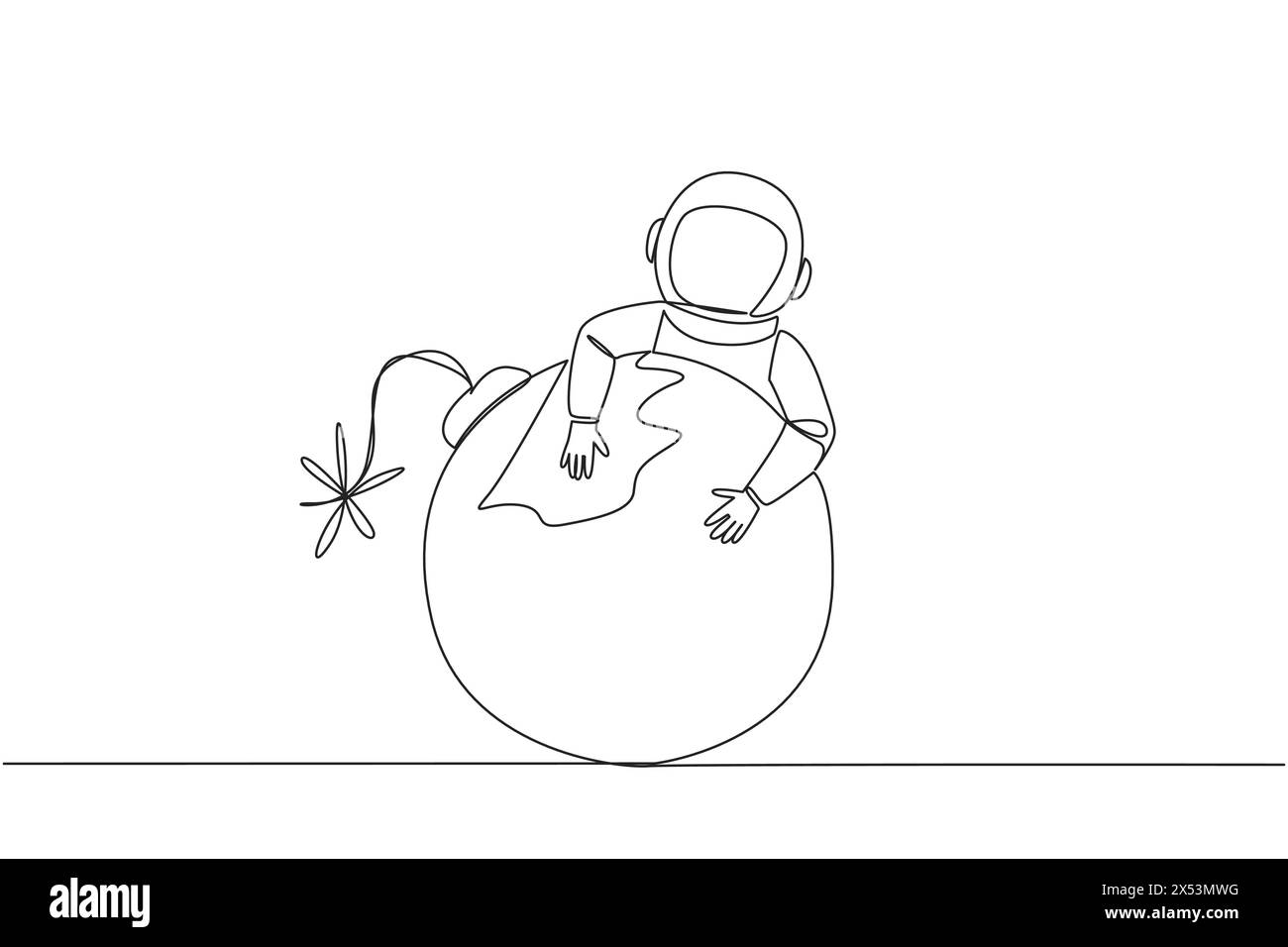 Single one line drawing young energetic astronaut hugging large bomb with a burning fuse. Trying to defuse the bomb. Avoid the space expedition from d Stock Vector