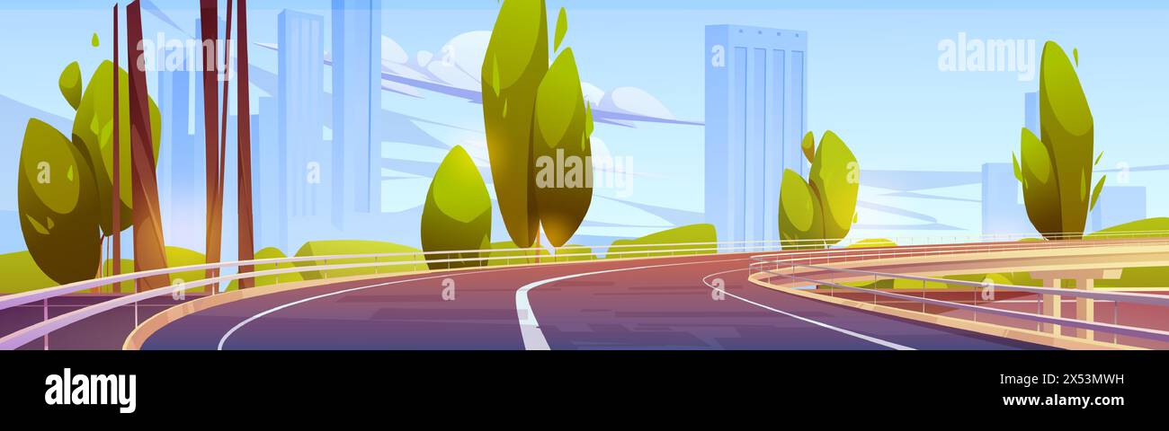 Curve bridge road lead to city with skyscrapers. Cartoon vector illustration of town landscape with multistorey buildings, highway and green trees on sunny summer day. Speed freeway construction. Stock Vector