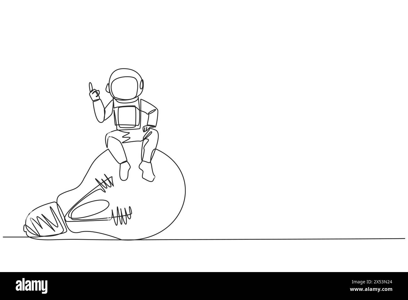 Continuous one line drawing young energetic astronaut sitting on big ...
