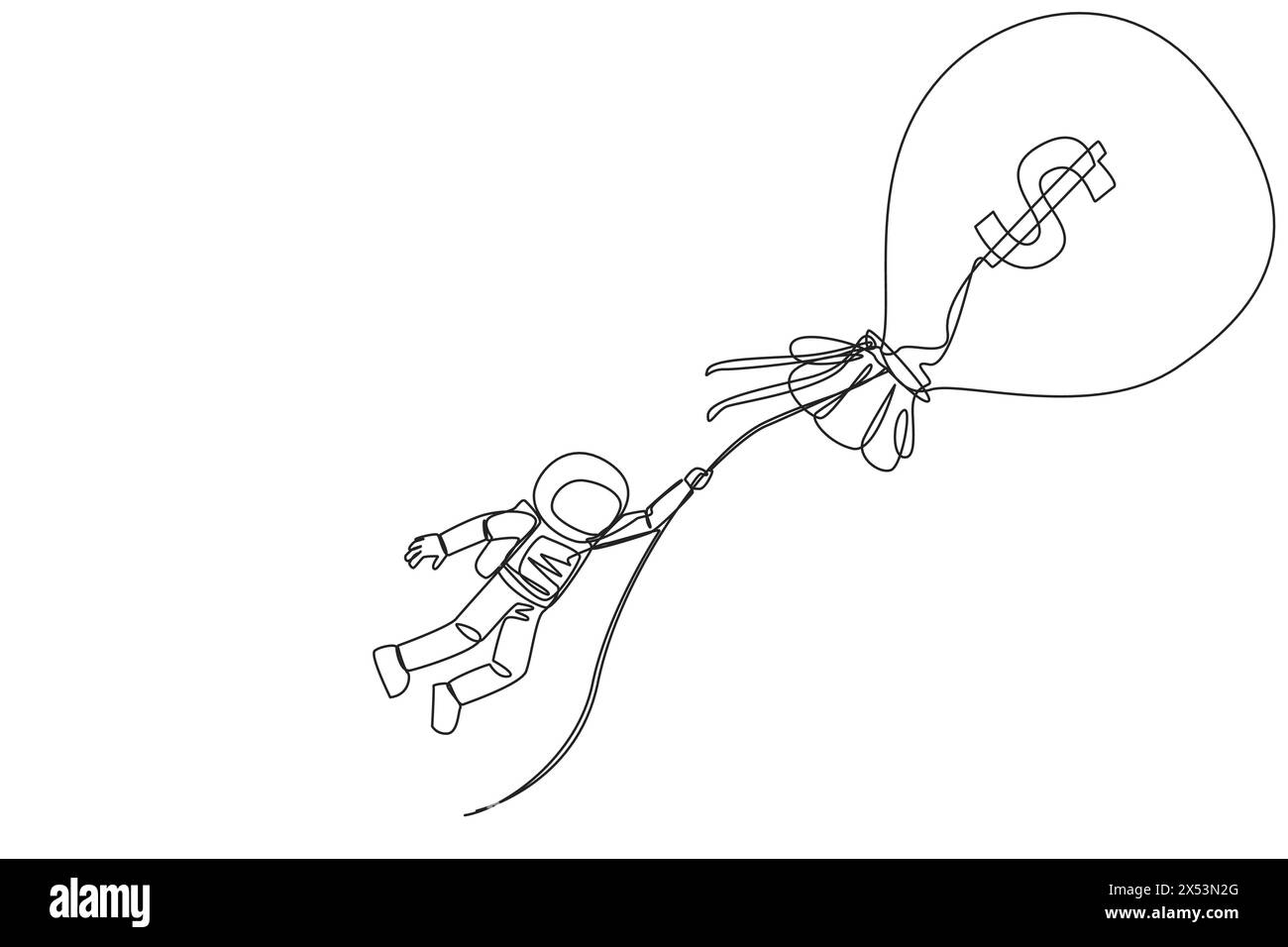 Single continuous line drawing astronaut holding on to a flying money ...