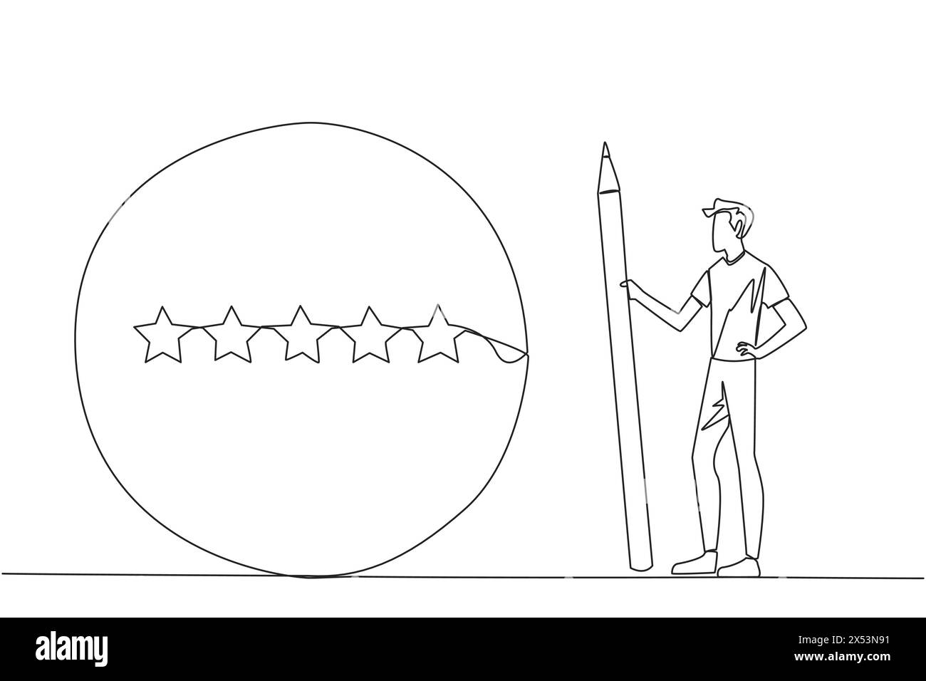 Single continuous line drawing happy man stands holding a large pencil ...