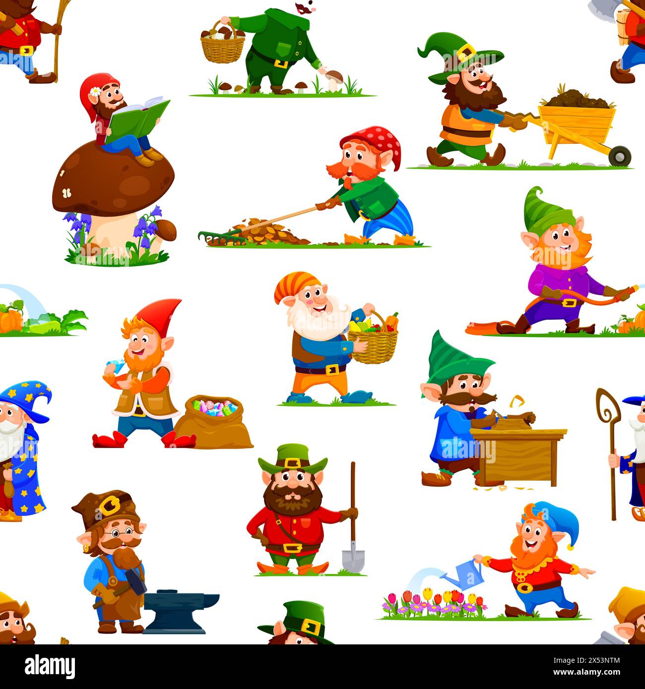 Gnomes and dwarf characters seamless pattern with cartoon fairy tale ...