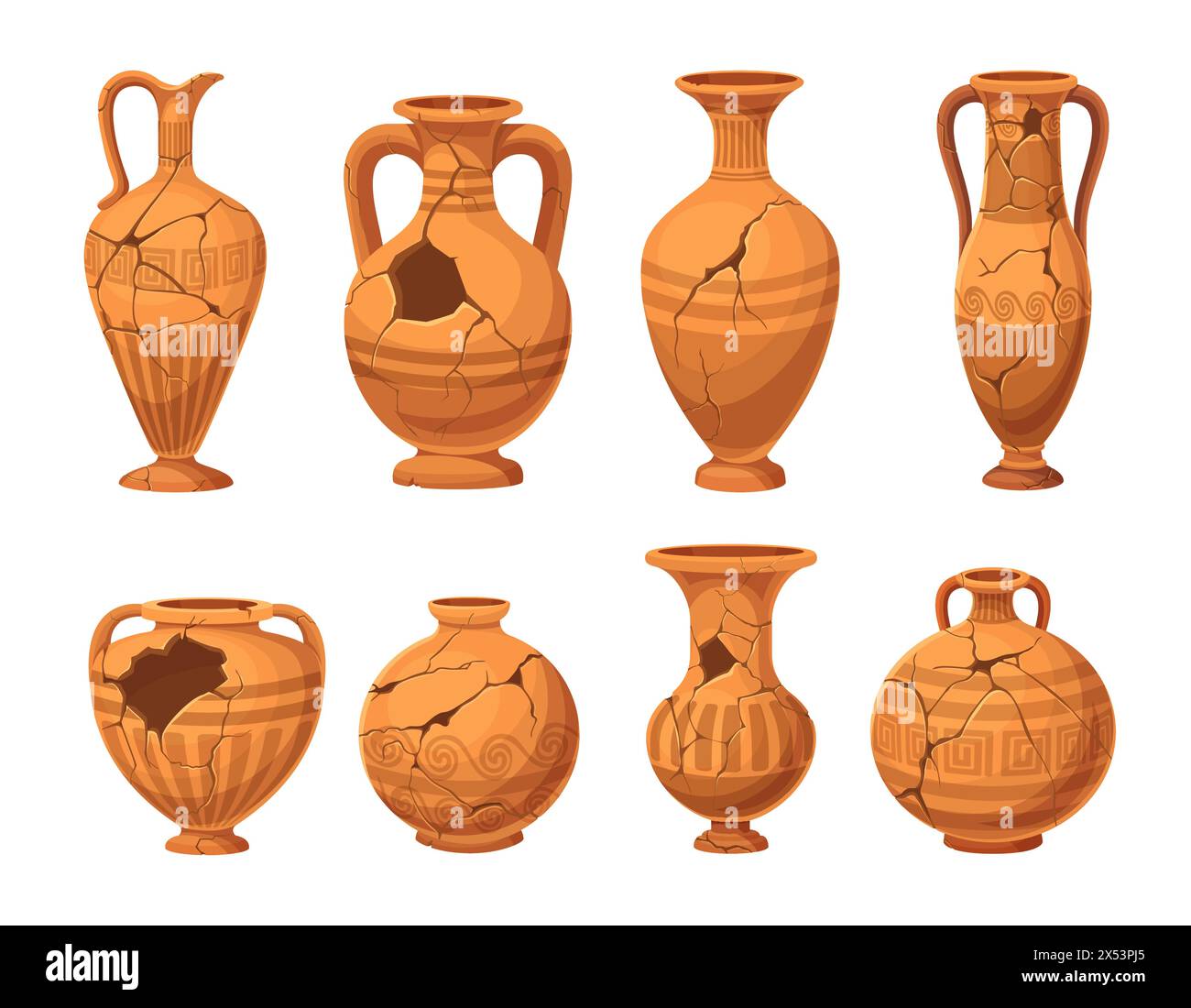 Ancient broken vases and pottery. Old ceramic cracked pots or jugs. Isolated vector set of shattered fragments of historical crockery, past civilization cultural heritage and archaeologists artefacts Stock Vector