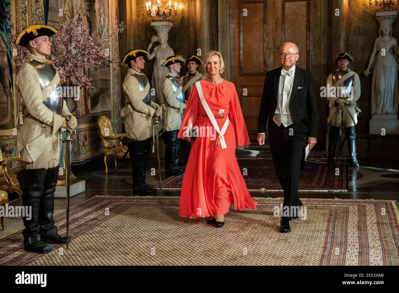 Stockholm, Sweden. 06th May, 2024. The Swedish ambassador in Denmark Charlotte Wrangberg and Haakan Wrangberg arrive for the gala dinner at the Royal Palace in Stockholm, Monday, May 6, 2024. The Swedish royal couple are hosts for the gala dinner. Monday and Tuesday, the Danish royal couple make their first state visit to Sweden. During the state visit, the royal couple will among other things meet Danish and Swedish astronauts, visit the fleet station Berga and attend a gala dinner at the Royal Palace. (Photo: Ida Marie Odgaard/Ritzau Scanpix) Credit: Ritzau/Alamy Live News Stock Photo