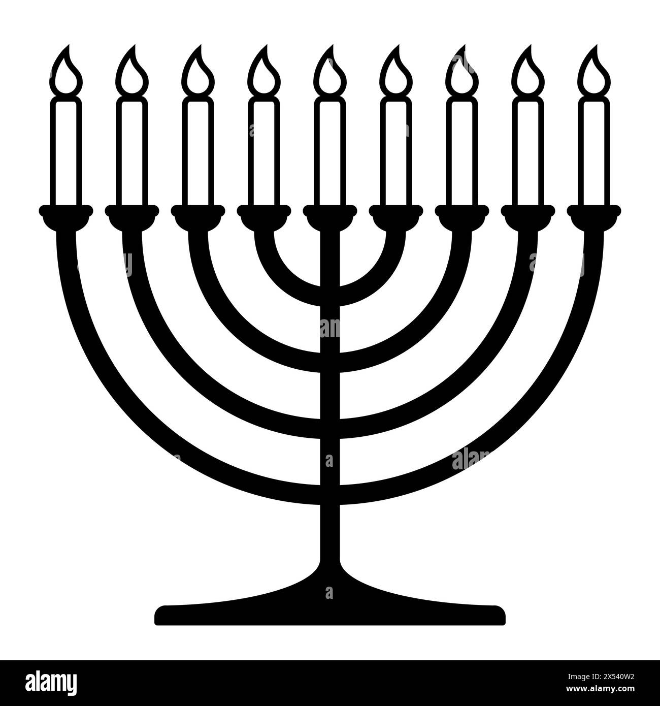 Hanukkah menorah, black and white vector silhouette illustration of hanukkiah nine-branched candelabrum with candles Stock Vector