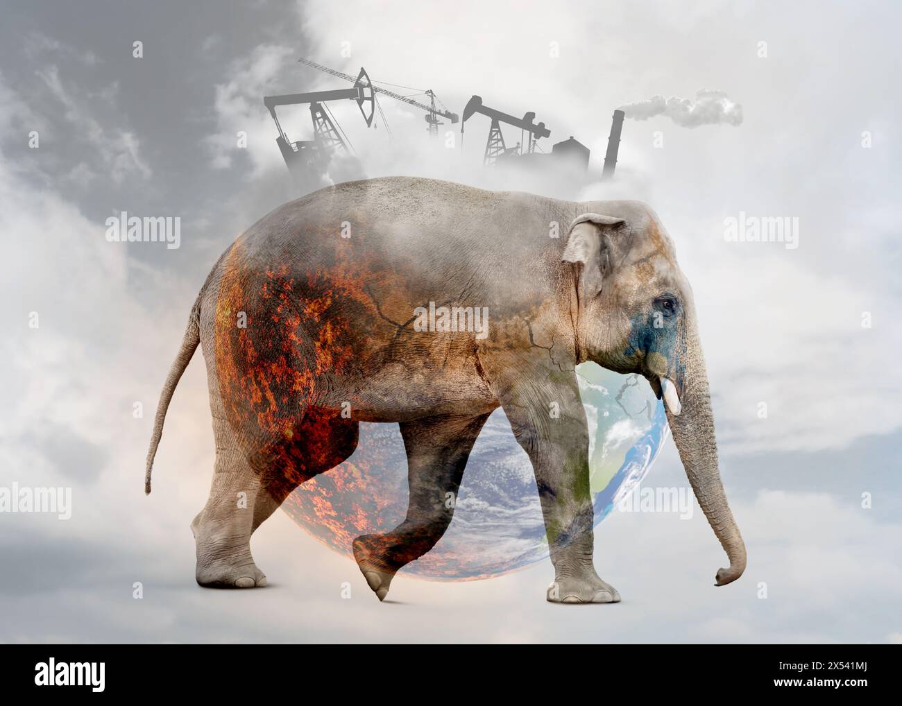 Double exposure of elephant and conceptual image depicting Earth destroying by global warming and industrial pollution Stock Photo