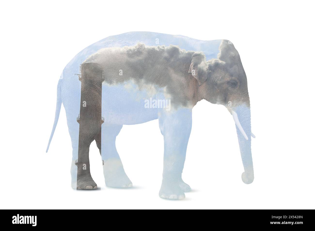 Double exposure of industrial chimney with smoke and elephant. Environmental pollution Stock Photo