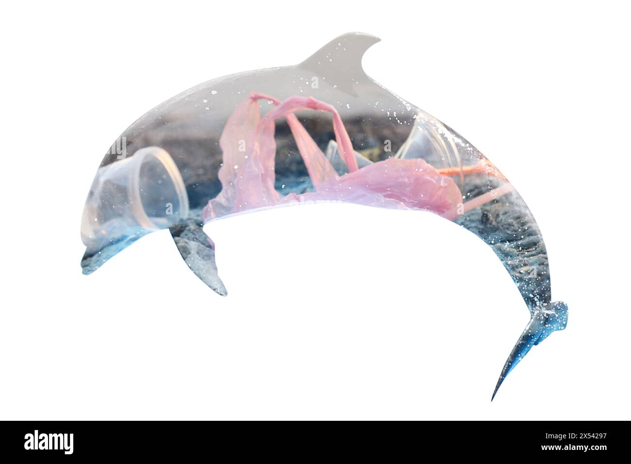 Plastic garbage and dolphin, double exposure. Environmental pollution Stock Photo