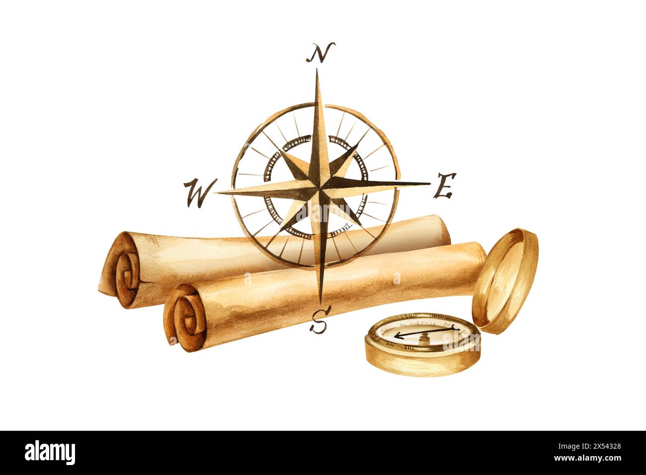 watercolor old brown paper scroll, vintage navigation metal compass ...