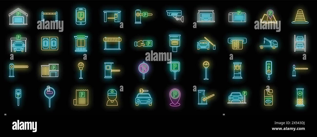 Paid parking icons set outline vector. Park gate. Garage place neon color on black Stock Vector