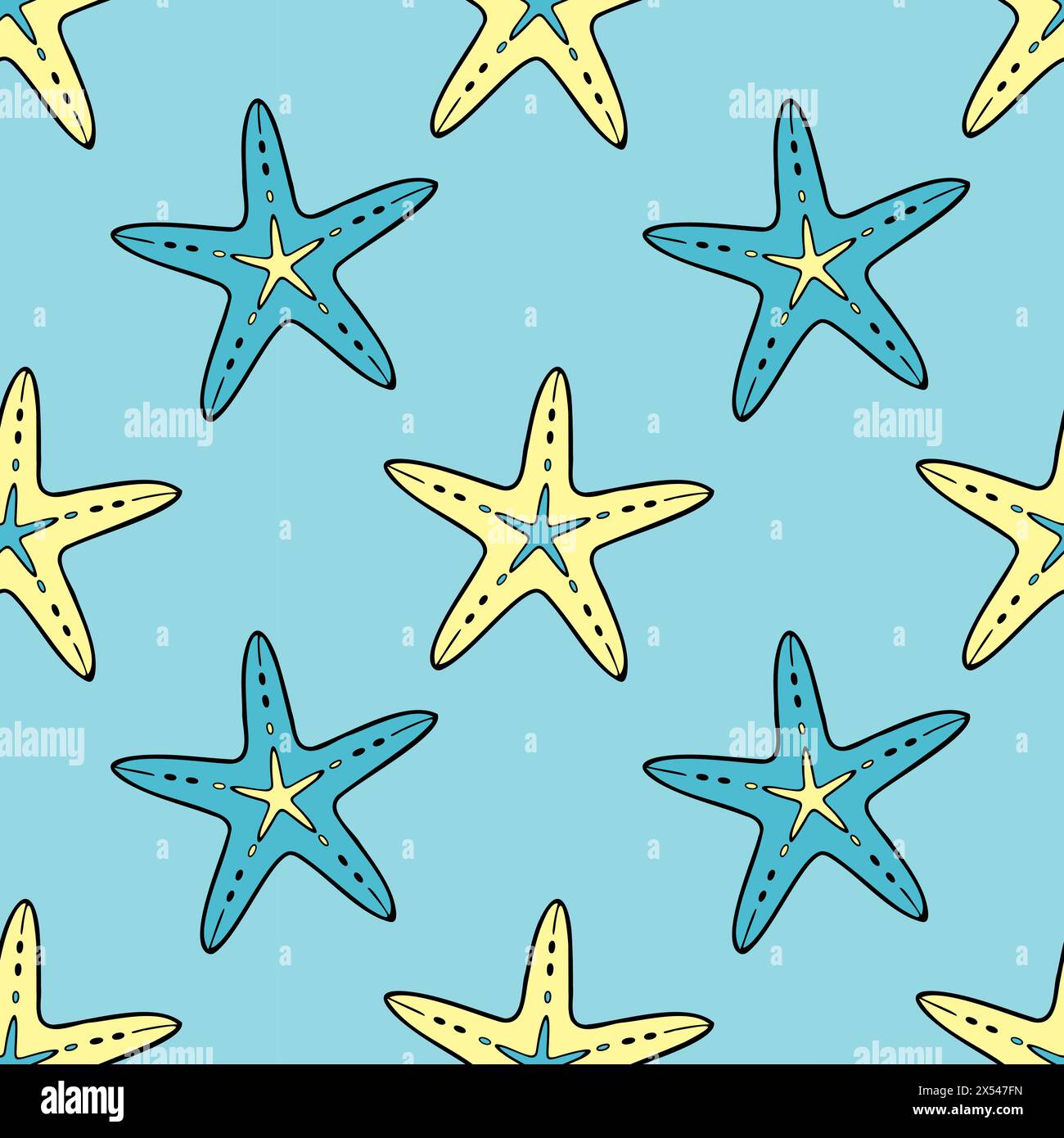Sea blue pattern with starfish in doodle style, ocean, bottom with sea ...