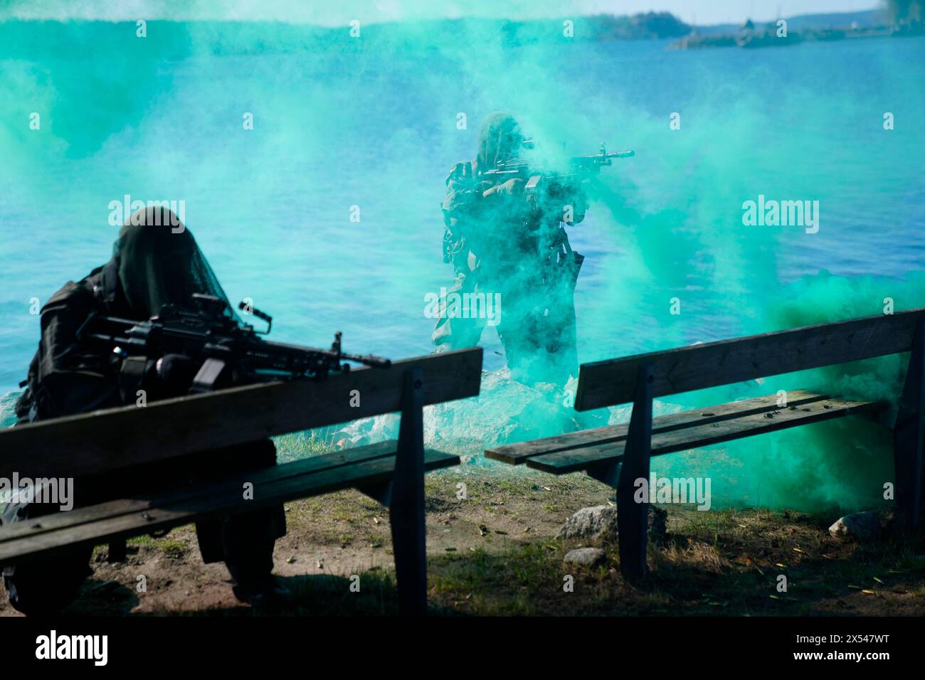 Stockholm, Sweden. 07th May, 2024. Denmarks King Frederik X, along with Swedens King Carl XVI Gustaf, visits Stockholm's amphibious regiment at the naval station Berga, Tuesday, May 7, 2024. During the visit, the king and the Swedish king are shown a Combat Boat 90 and various naval capabilities at sea. In addition, they get the opportunity to talk to Swedish attack divers. On Monday and Tuesday, the Danish royal couple will make their first state visit to Sweden. Credit: Ritzau/Alamy Live News Stock Photo