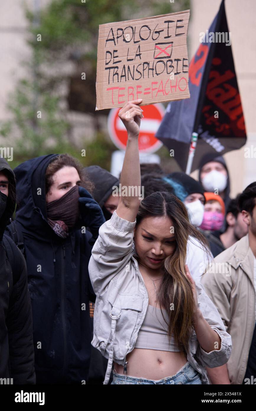 Paris, France. 06th May, 2024. About 150 people protested in Paris, France on April 6, 2024, responding to the call of associations committed against transphobia, to oppose Pantheon-Assas University s organization of a conference featuring the authors of the controversial book Transmania by Dora Moutot and Marguerite Stern. Photo by Pierrick Villette/ABACAPRESS.COM Credit: Abaca Press/Alamy Live News Stock Photo