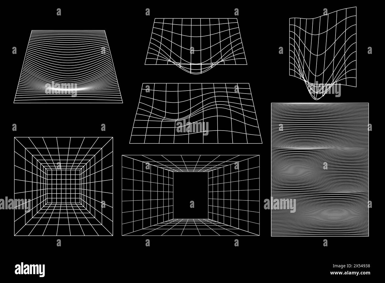 Set of linear black geometric black geometric quadratic rectangular field, plateau frame shapes y2k, 3d. Vector for poster Stock Vector