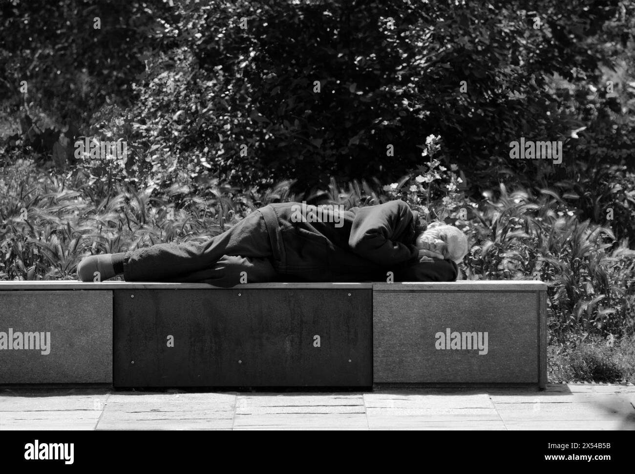 Elderly vagrant resting on park bench Stock Photo
