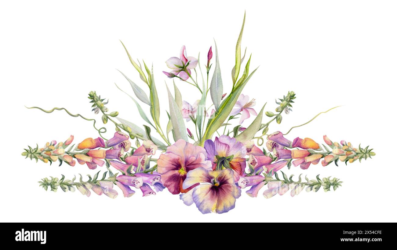 Hand drawn watercolor illustration botanical flowers leaves. Foxglove snapdragon lupin, mauve pansy viola, willow eucalyptus branches, columbine Stock Photo