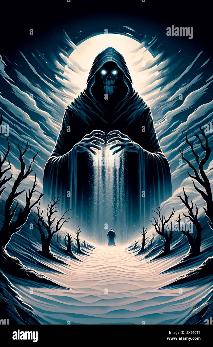 In this intriguing illustration, a skull sorcerer sculpted from sand emerges from the shadows in the darkness of the night. Its mysterious and ghostly Stock Photo