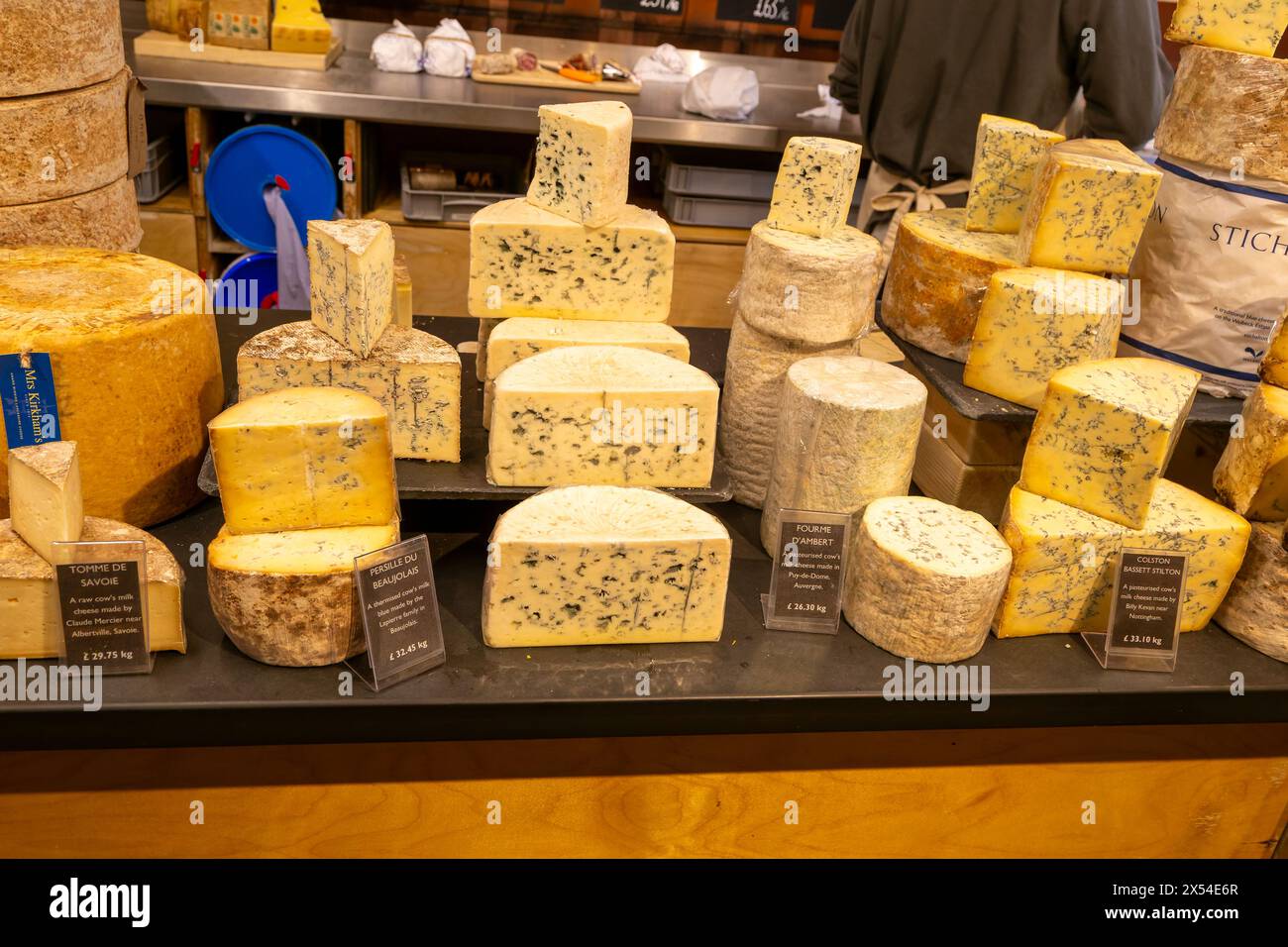 Display of different cheeses in Mons cheesemongers shop, East Dulwich