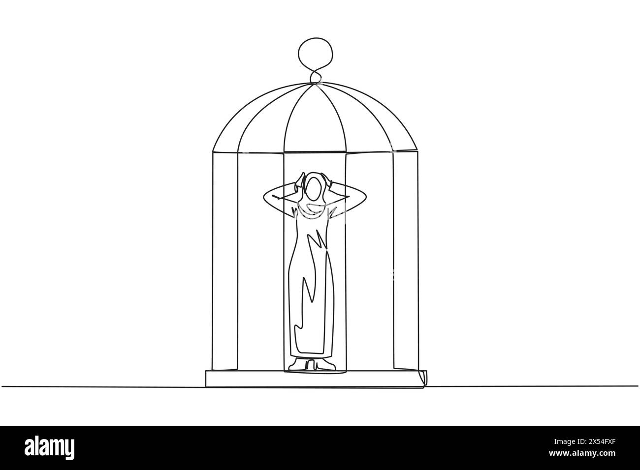 Continuous one line drawing Arab businesswoman trapped in cage standing frustrated holding head. Anxiety caused cannot move freely. Imprisoned. Can't Stock Vector