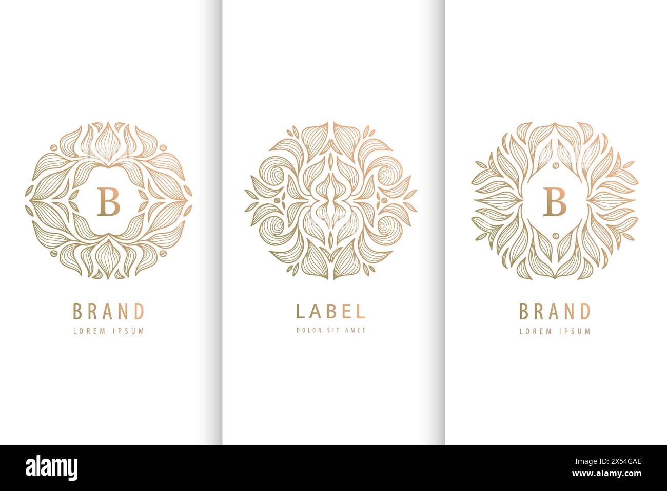 Vector set of floral line luxury logos, leaf design ornament, vintage round organic emblem. Use for spa, jewelry, wine, yoga, etc. Royal badges Stock Vector