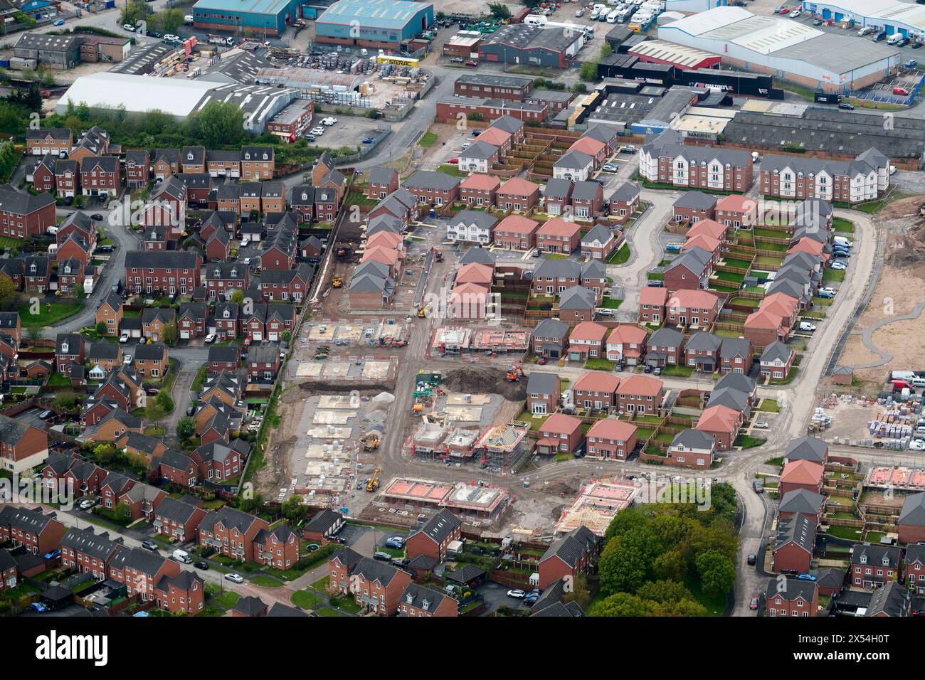 Drone shot of Housebuilding site at Ellesmere Port, Wirral, North West England, UK Stock Photo