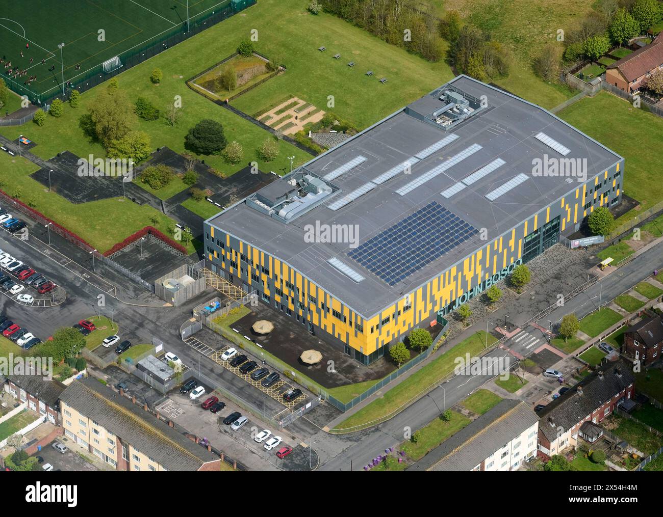 Drone shot of St John Bosco Arts College Merseyside, north west England, UK Stock Photo