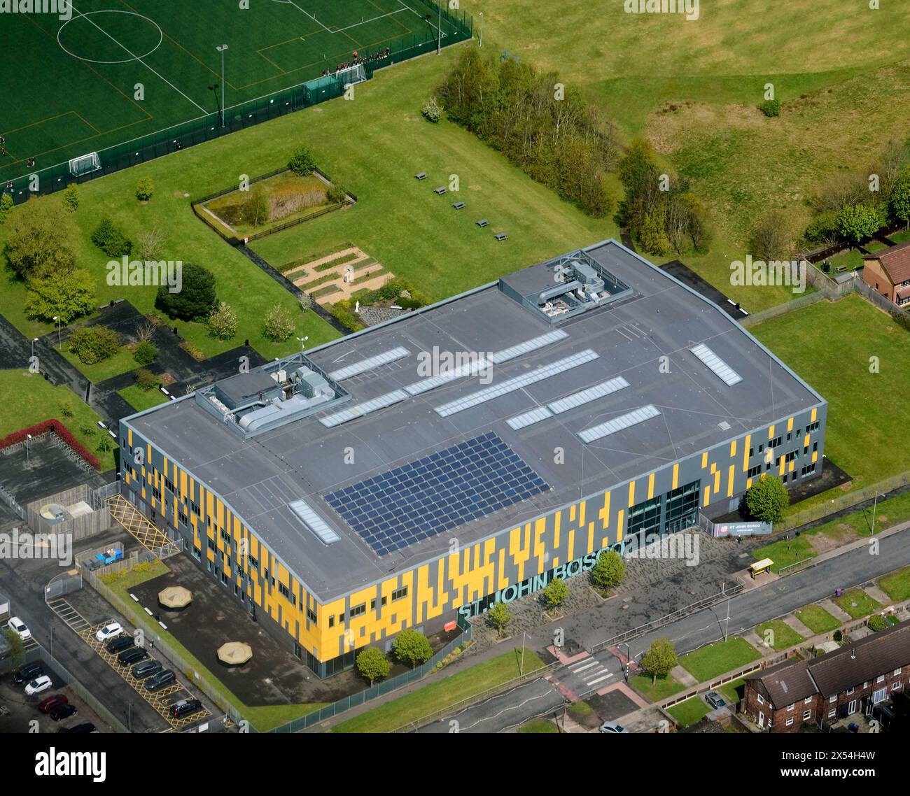 Drone shot of St John Bosco Arts College Merseyside, north west England, UK Stock Photo