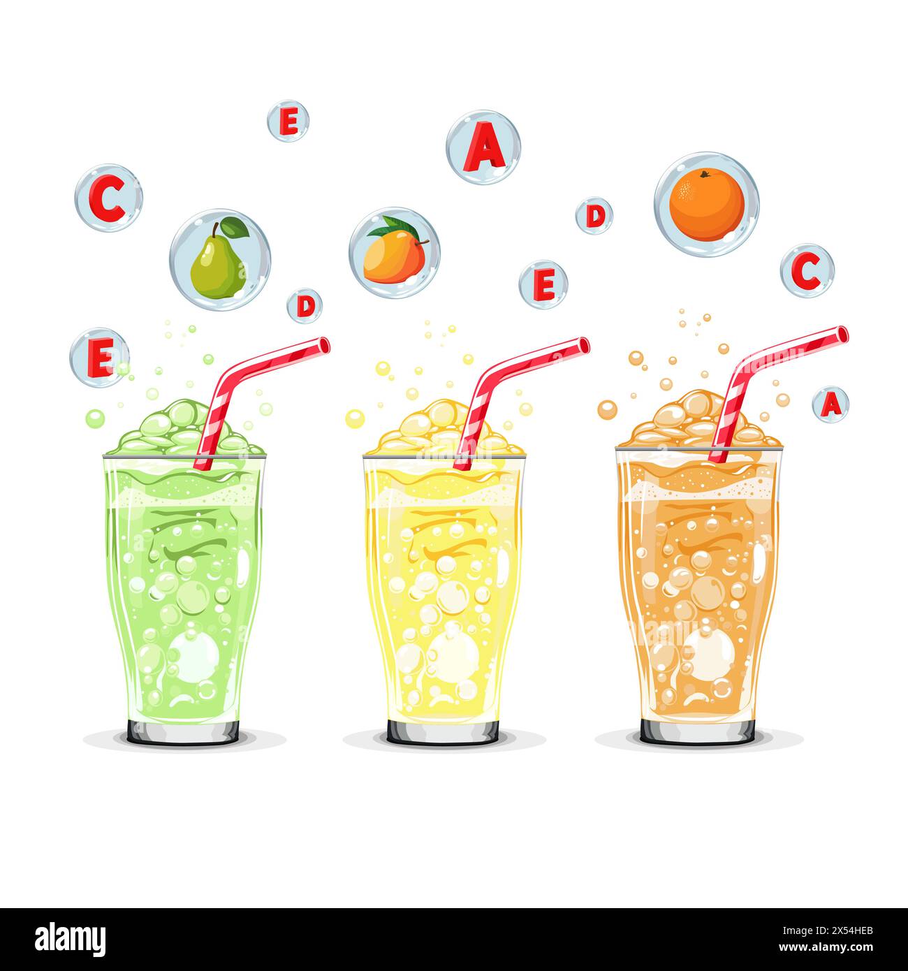 Healthy green, orange and yellow oxygen cocktails with fruit in air ...
