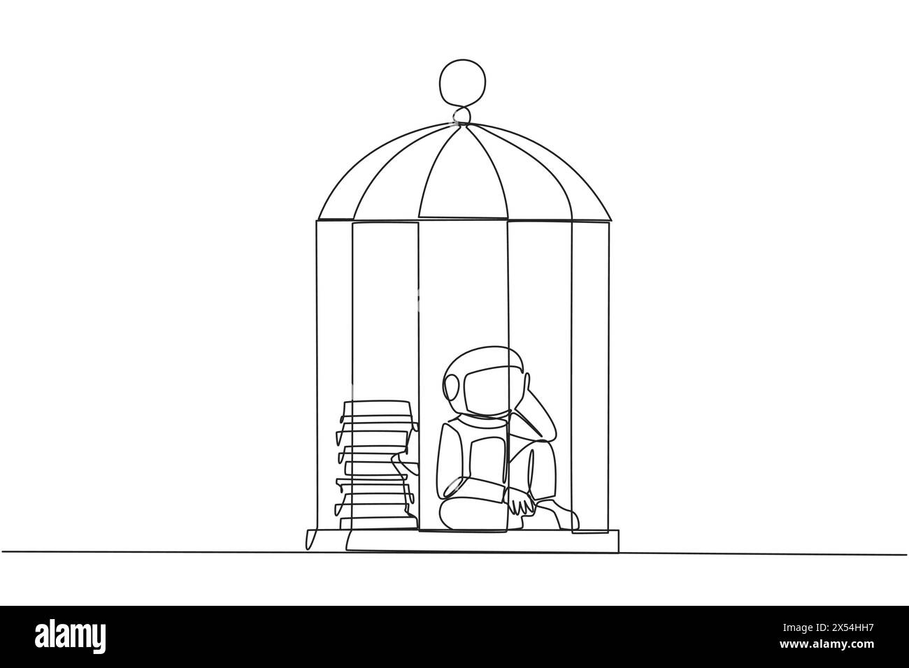 Continuous one line drawing astronaut trapped in the cage sitting down