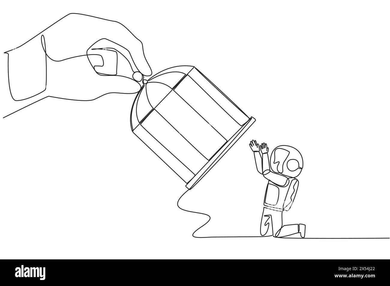 Single one line drawing big hand hold the cage catch kneeling astronaut. Entrepreneurs who surrender to the situation. Take responsibility for all err Stock Vector