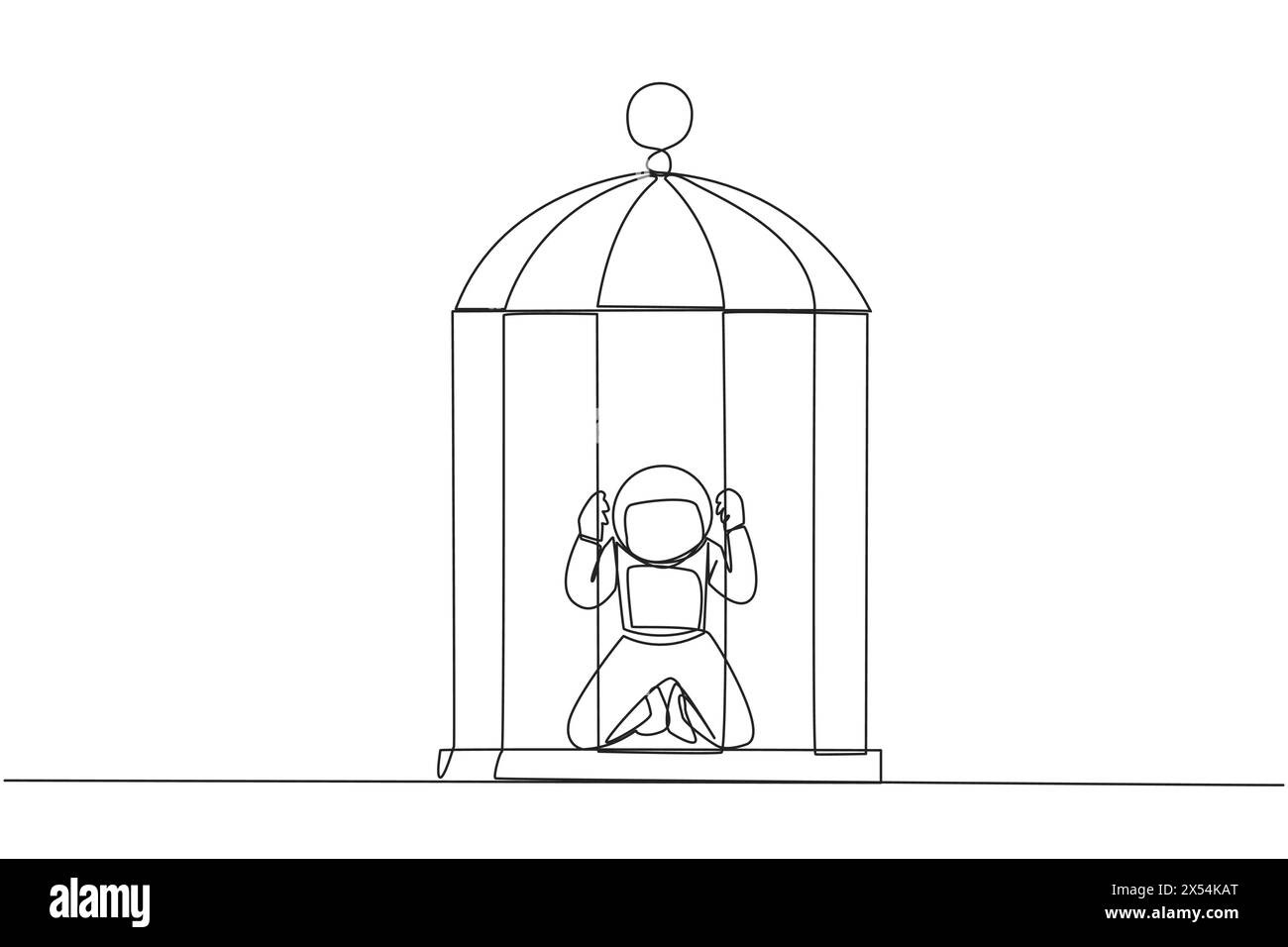 Single one line drawing astronaut trapped in the cage kneeling holding
