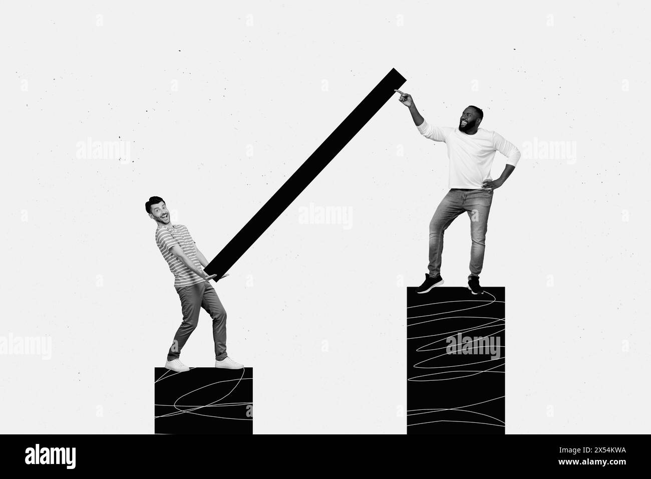 Trend composite sketch 3D photo collage of young two person man guy work together stand on platform carry delivery huge geometric element Stock Photo