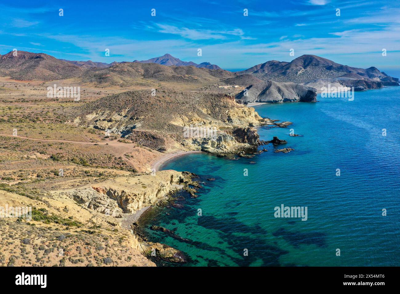 volcanic coast south of San Jose, aerial view, Spain, Andalusia, Almeria Stock Photo
