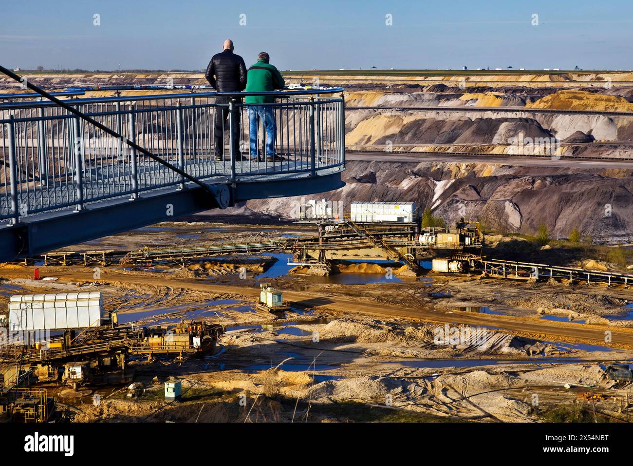 two men on the Jackerath viewing platform look out over the Garzweiler open-cast lignite mine, Germany, North Rhine-Westphalia, Rhineland, Juechen Stock Photo