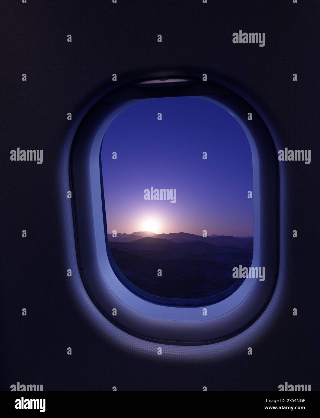 View from the porthole at hilly alien landscape. Stock Photo