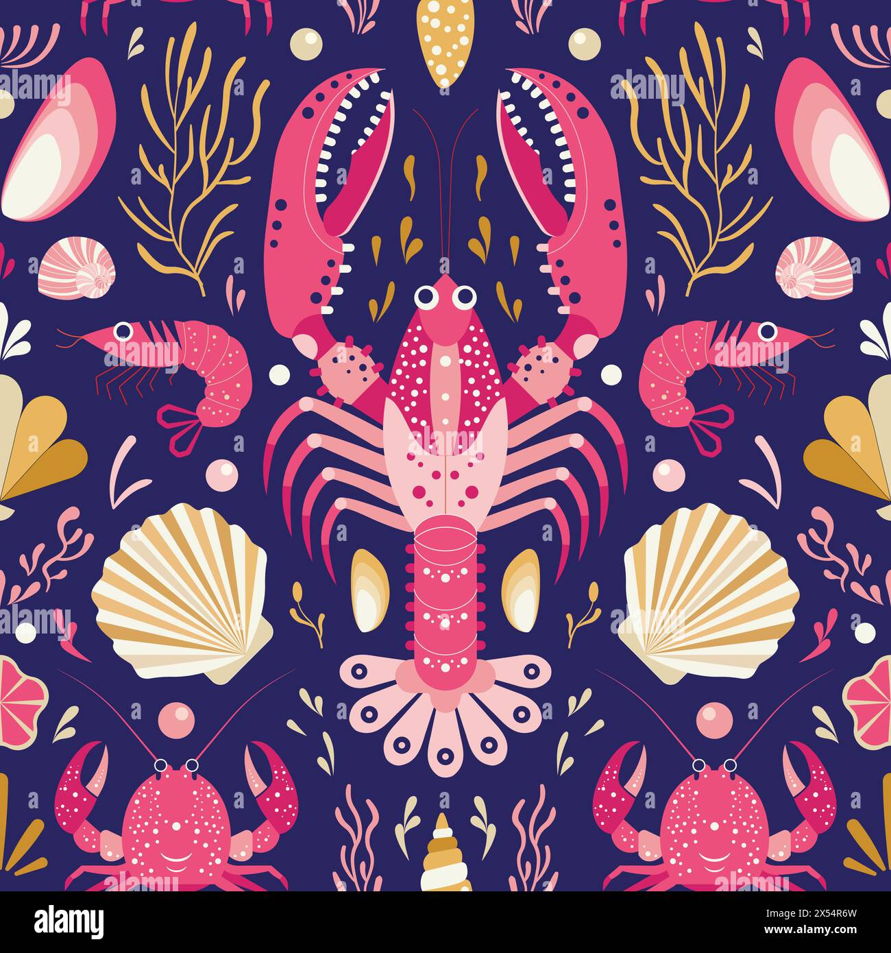 Lobsters and Crabs Seafood Marine Pattern Stock Vector