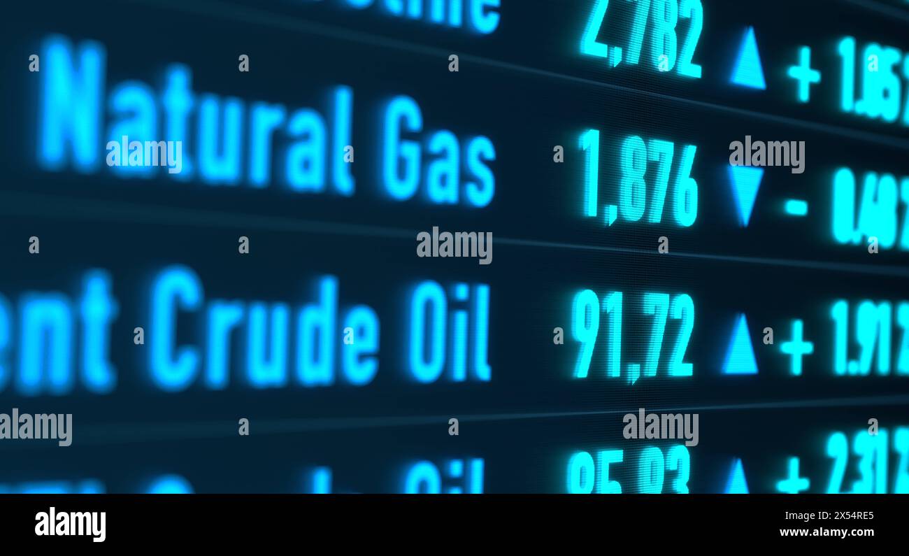 Brent Crude Oil, gasoline and natural gas. Brent Crude Oil price moves up and natural gas down. Trading screen with prices for energy. Commodity tradi Stock Photo