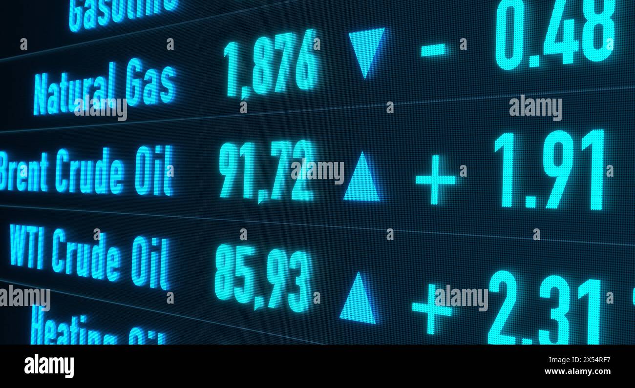 Brent Crude Oil, gasoline and natural gas. Brent Crude Oil price moves up and natural gas down. Trading screen with prices for energy. Commodity tradi Stock Photo