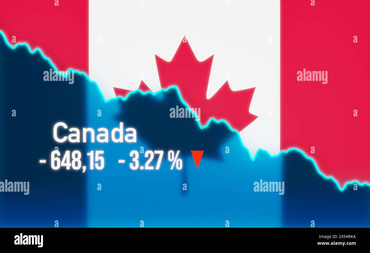 Canada stock market down, falling chart. Canada stock market down. Falling chart with Canadian flag. Bear market, recession, stock market crash, negat Stock Photo